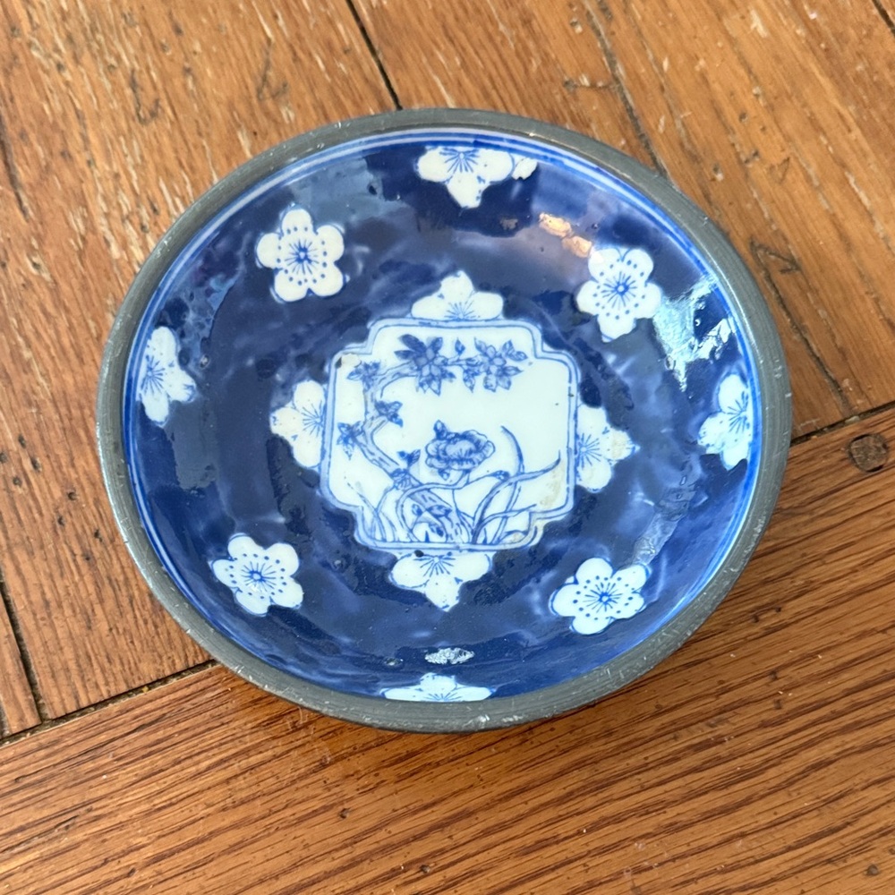 Vintage Neiman Marcus Pewter and Porcelain Blue and White Bowl